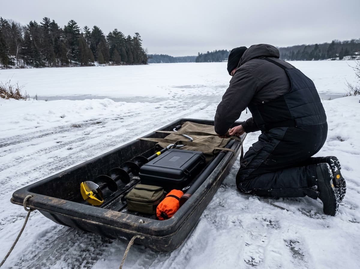 Light mobile ice-fishing sled organized with auger, sonar case, rod case, and winter gear