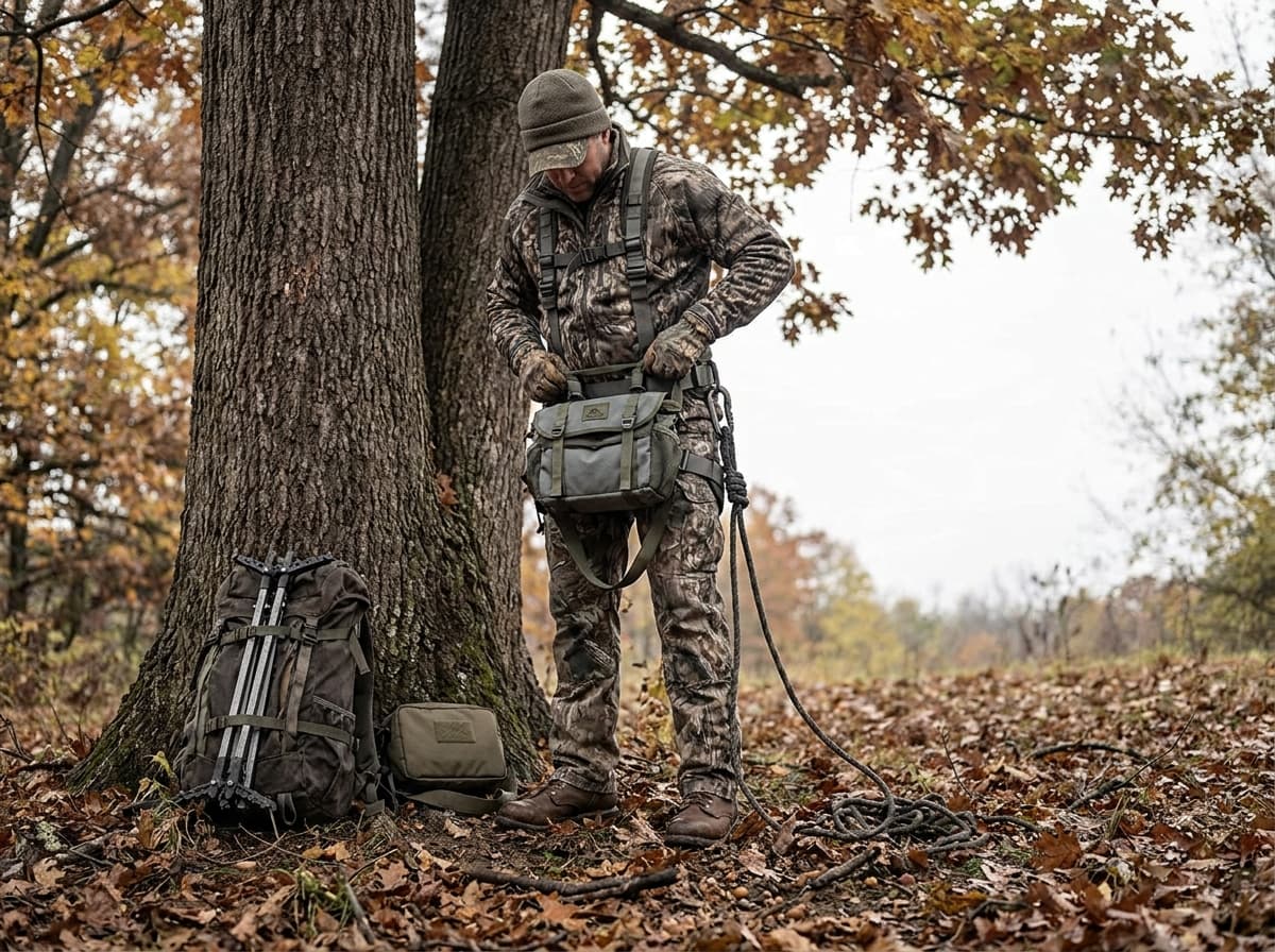 Mobile whitetail accessories staged at the base of a hardwood tree before setup