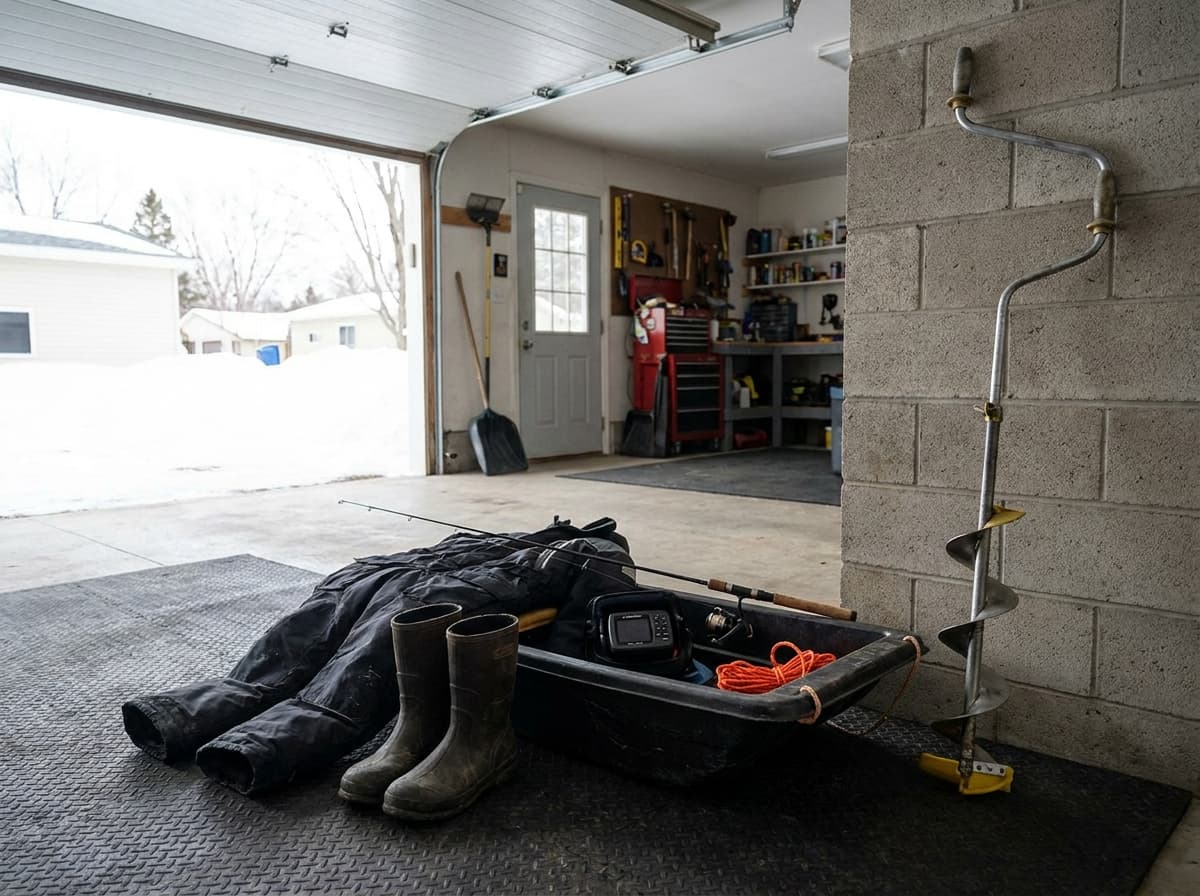 Beginner ice-fishing kit arranged for a first equipment check in a bright garage