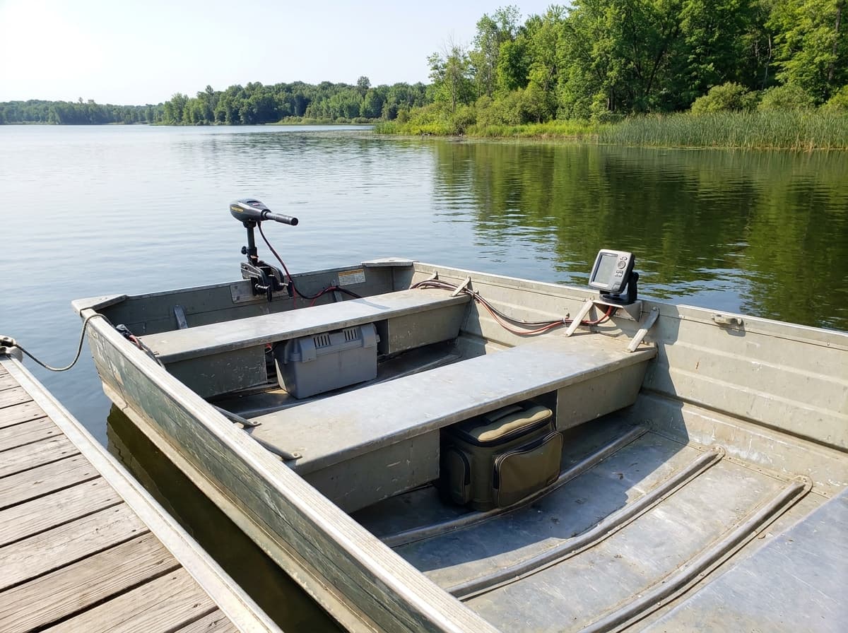 Compact aluminum fishing boat rigged with trolling motor, sonar, battery box, and restrained tackle