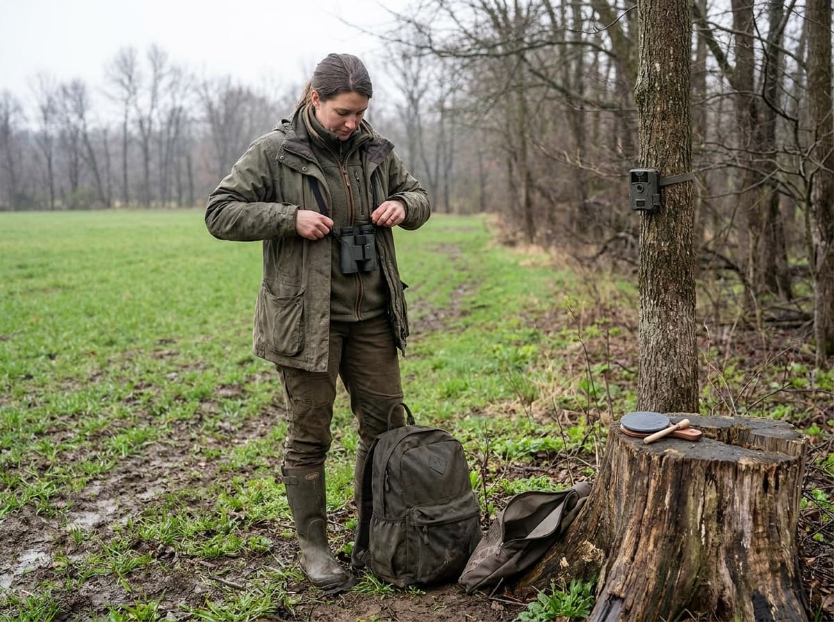 Spring turkey accessories checked at a wet field edge with binoculars, pot call, decoy bag, and trail camera