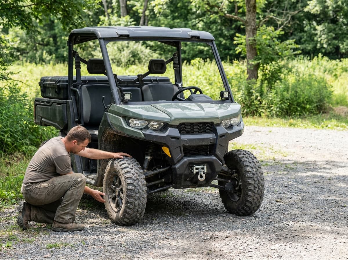 Summer UTV staged for a trail day with all-terrain tires, front winch, fitted bed box, and compact work lights