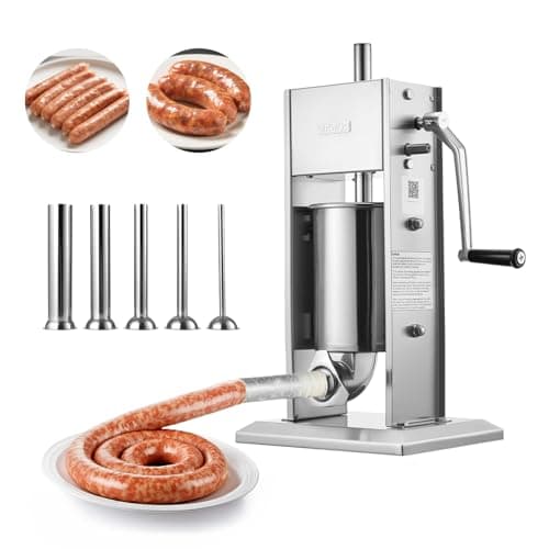 VEVOR Manual Sausage Stuffer, 7 LBS / 3 L Vertical Meat Stuffer, Heavy Duty Sausage Casing Meat Stuffing Machine, Dual-Speed Stainless Steel Filler with 5 Filling Tubes, for Commercial and Home Use