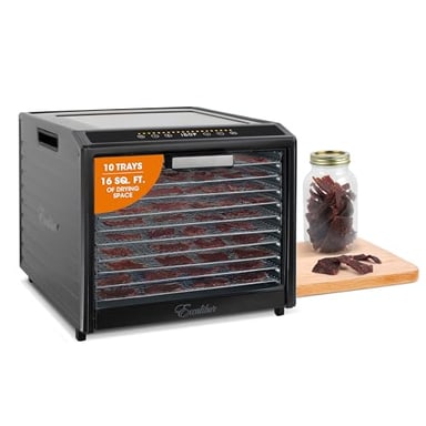 Excalibur Electric Food Dehydrator Performance Series 10-Tray with Adjustable Temperature Control Includes Stainless Steel Drying Trays Glass Door Top View Window and LED Display Progress Bar, Black