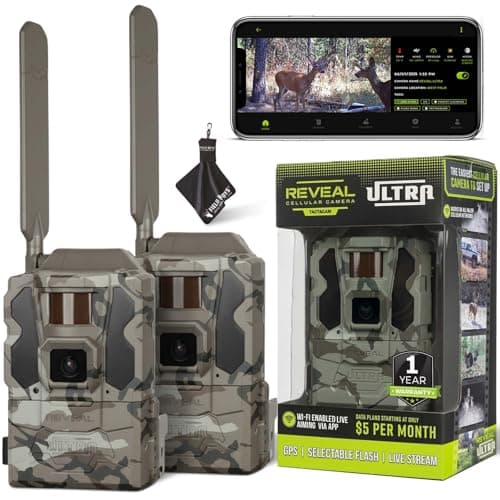 TACTACAM Reveal Ultra Cellular Trail Camera – 4K Photo, 1080P Video, Live Streaming, GPS, Low-Glow/No-Glow Flash, LTE + Cleaning Cloth | 2PK
