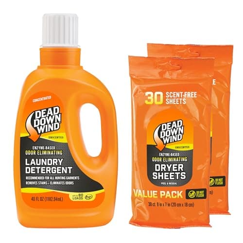 DEAD DOWN WIND Unscented Laundry Detergent Combo (40oz Liquid Detergent & 1-30ct Dryer Sheet) - Hunting Scent Control - Durable Hunting Scent Eliminators - Advanced Hunting Essentials